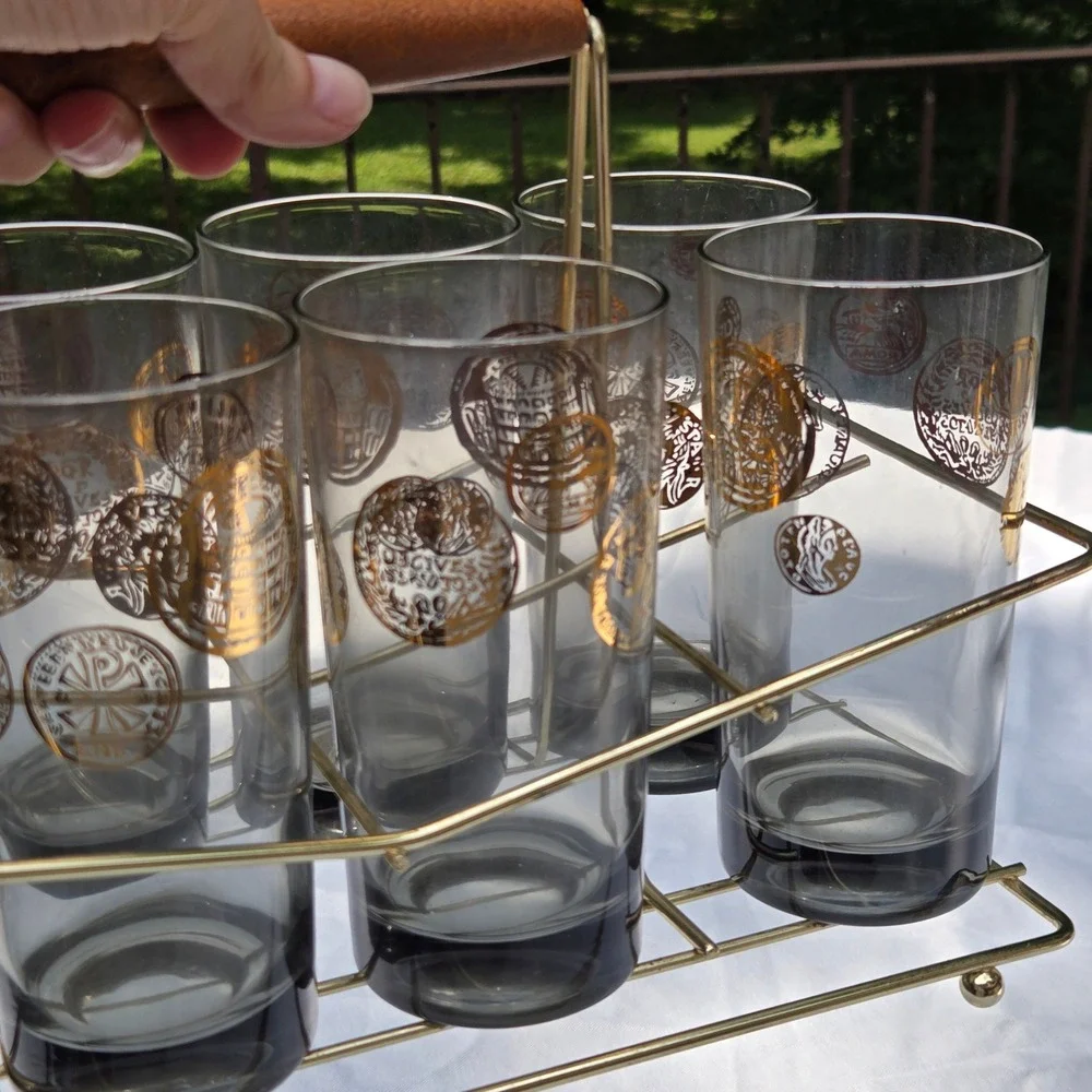 Vtg Highball Glasses Set 8 clear + Smoky Grey Gold Roman Coin MCM Barware Caddy